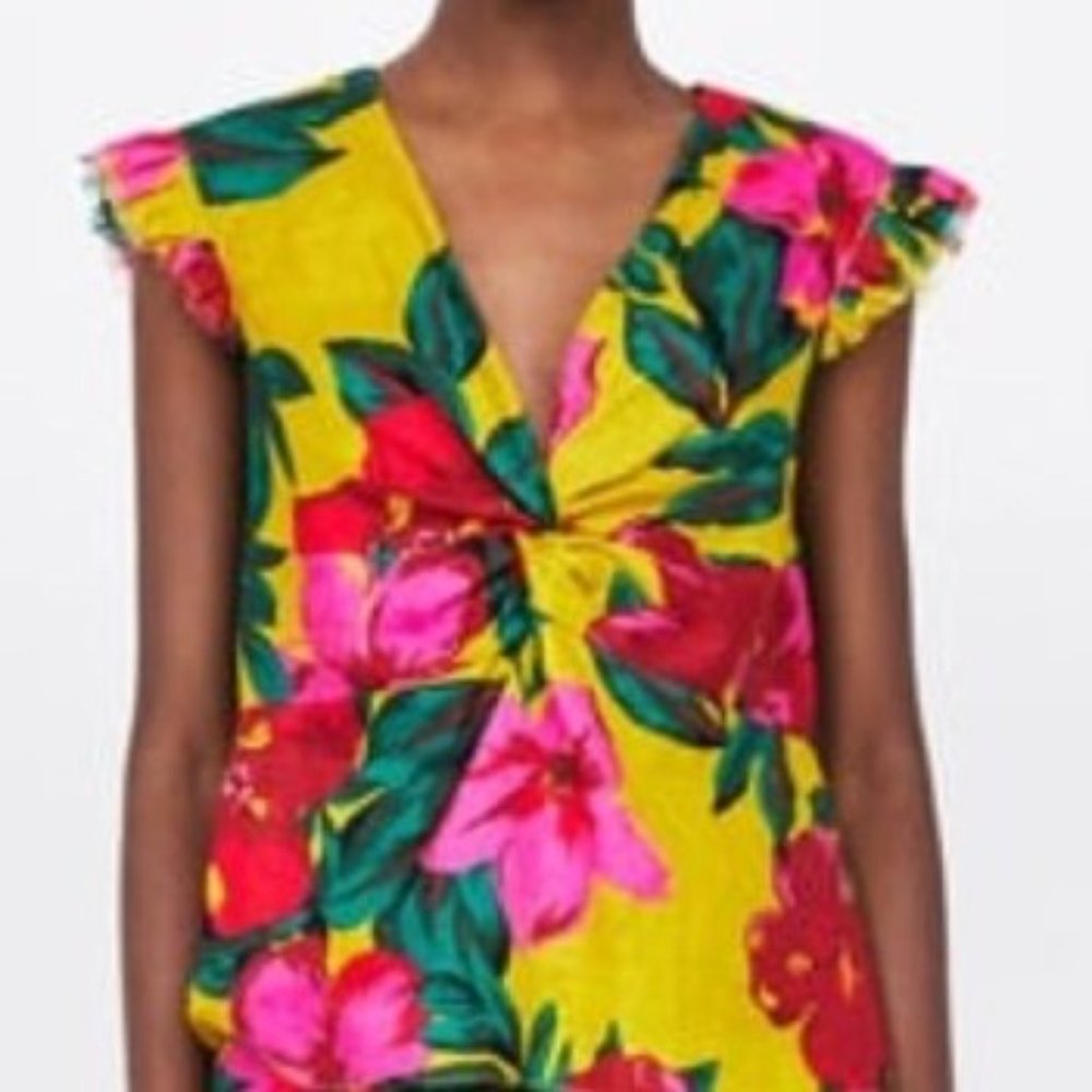 Zara Floral Linen Twist Front Blouse